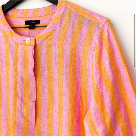 J. Crew Popover Linen Striped Top Relaxed Fit Pink Orange - Picture 2 of 10